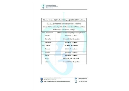2022/2023-as tanév térítési díj fizetés időpontjai