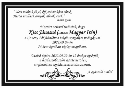 Búcsúzunk Kiss Jánosné nyugdíjas pedagógustól