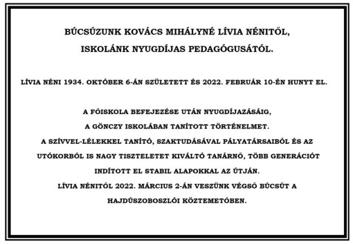 BÚCSÚZUNK KOVÁCS MIHÁLYNÉ NYUGDÍJAS PEDAGÓGUSTÓL