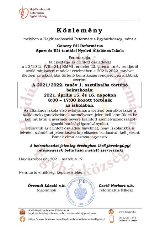 Gönczy Refi beiratkozási közlemény 2021/2022.