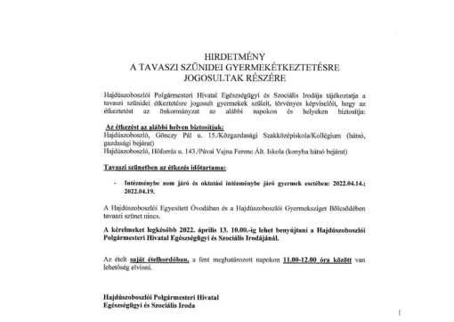 Hirdetmény - tavaszi szünidei gyermekétkeztetés