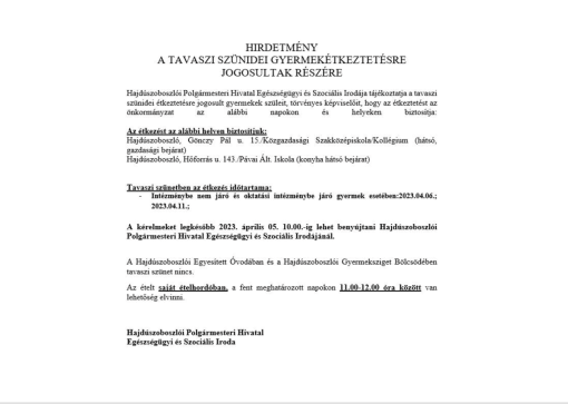 Hirdetmény tavaszi szünidei gyermekétkeztetésre