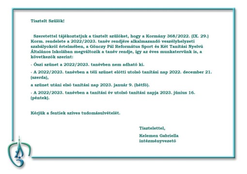 Intézményvezetői tájékoztatás