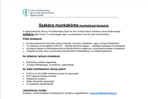 Szakács munkakörbe munkatársat keresünk