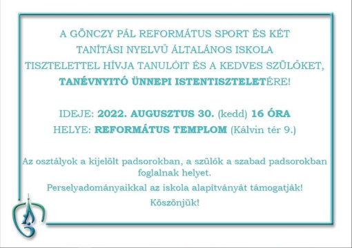 TANÉVNYITÓ ÜNNEPI ISTENTISZTELET 2022