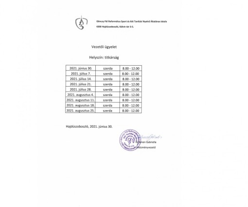 Vezetői ügyelet 2021.